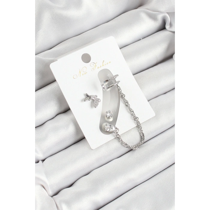 BFS Pirinç Kelebek Figürlü Zirkon Taşlı Gümüş Renk 3lü Kıkırdak Kadın Küpe Set