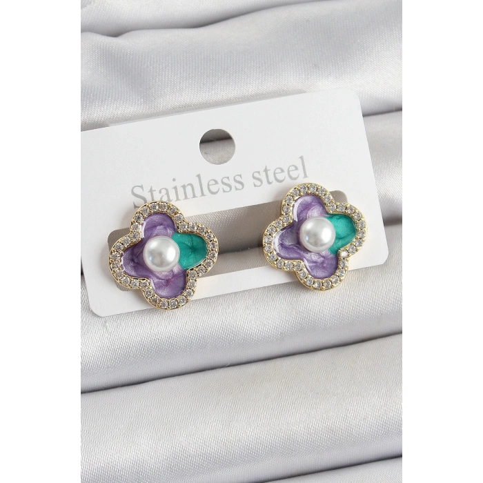 BFS Pirinç Mor Mineli İnci Detaylı Zirkon Taşlı Sanatsal Portre Yonca Model Gold Renk Kadın Küpe