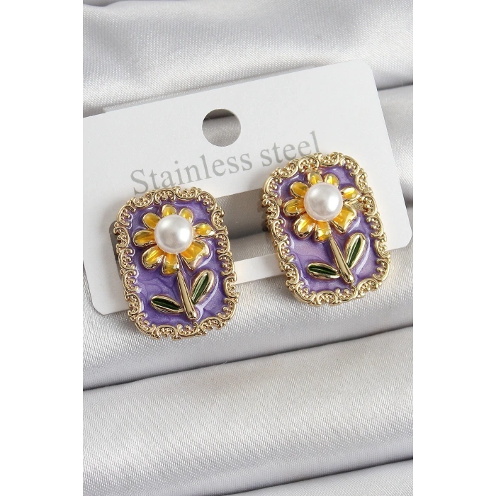 BFS Pirinç Mor Mineli Papatya Figürlü Sanatsal Portre Model Gold Renk Kadın Küpe