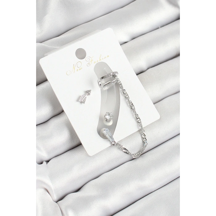 BFS Pirinç Ok Figürlü Zirkon Taşlı Gümüş Renk 3lü Kıkırdak Kadın Küpe Set