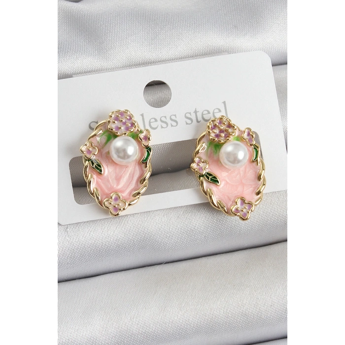 BFS Pirinç Pembe Mineli İnci Detaylı Sanatsal Portre Model Gold Renk Kadın Küpe