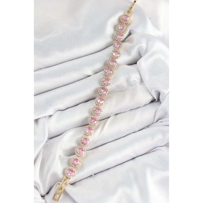 BFS Pirinç Pembe Zirkon Taşlı Daire Baget Model Gold Renk VIP Seri Kadın Bileklik