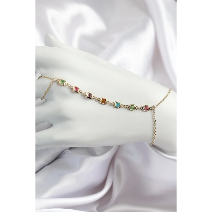 BFS Pirinç Renkli Kare Zirkon Taşlı Y Model Gold Renk Kadın Şahmeran