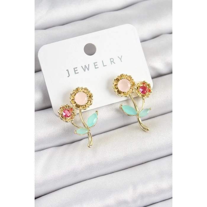 BFS Pirinç Renkli Zirkon Taşlı Papatya Model Gold Renk Kadın Küpe