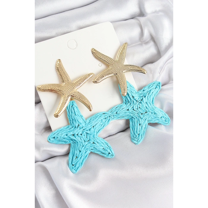 BFS Pirinç Sallantılı Turkuaz Deniz Yıldızı Model Gold Renk Hasır Küpe