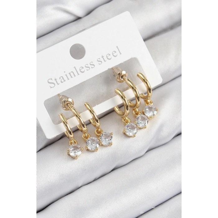 BFS Pirinç Sallantılı Zirkon Taşlı Model Gold Renk Kadın Küpe