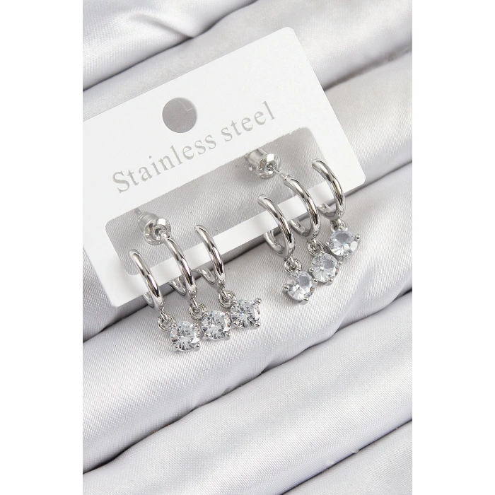 BFS Pirinç Sallantılı Zirkon Taşlı Model Gümüş Renk Kadın Küpe