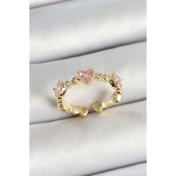 BFS Pirinç Sıralı Kalp Figürlü Zirkon Taşlı Gold Renk Ayarlanabilir Kadın Yüzük