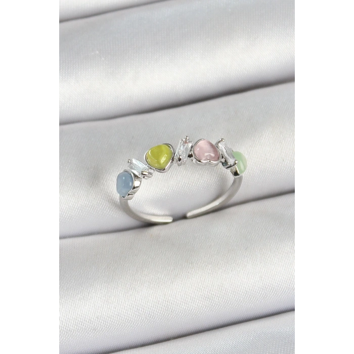 BFS Pirinç Sıralı Kalp Figürlü Zirkon Taşlı Gümüş Renk Ayarlanabilir Kadın Yüzük