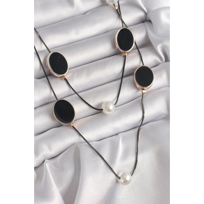 BFS Pirinç Siyah Renk Zincir İnci Detaylı Çoklu Kadın Kolye