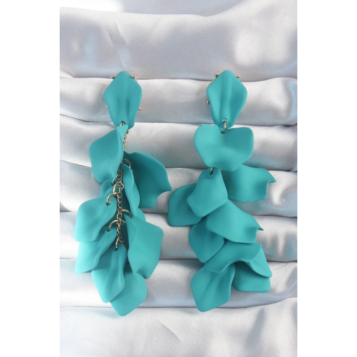 BFS Pirinç Turkuaz Renk Sallantılı Yaprak Model Küpe