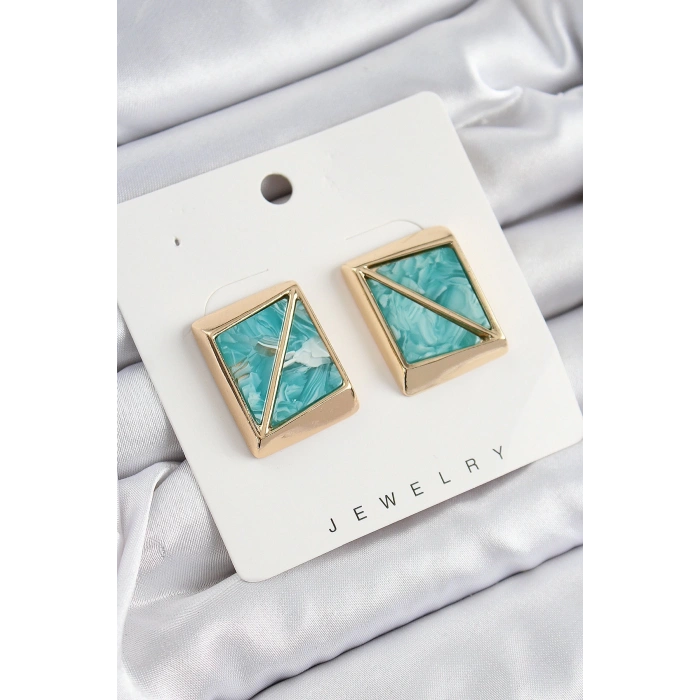 BFS Pirinç Turkuaz Üçgen Kesim Detaylı Kare Model Vintage Gold Renk Kadın Küpe
