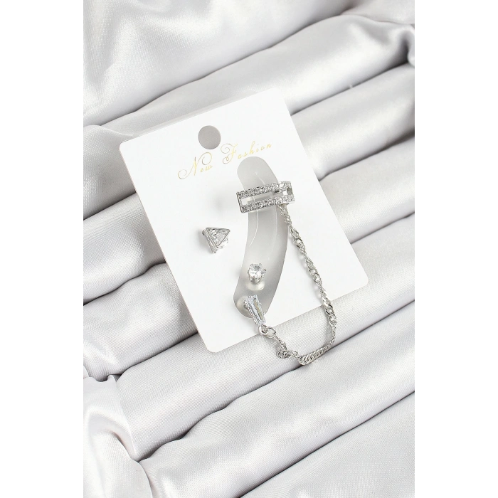 BFS Pirinç Üçgen Figürlü Zirkon Taşlı Gümüş Renk 3lü Kıkırdak Kadın Küpe Set