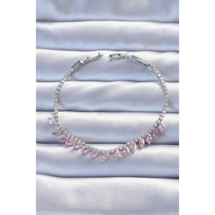 BFS Pirinç Vip Seri Gümüş Renk Pembe Zirkon Taşlı Bileklik