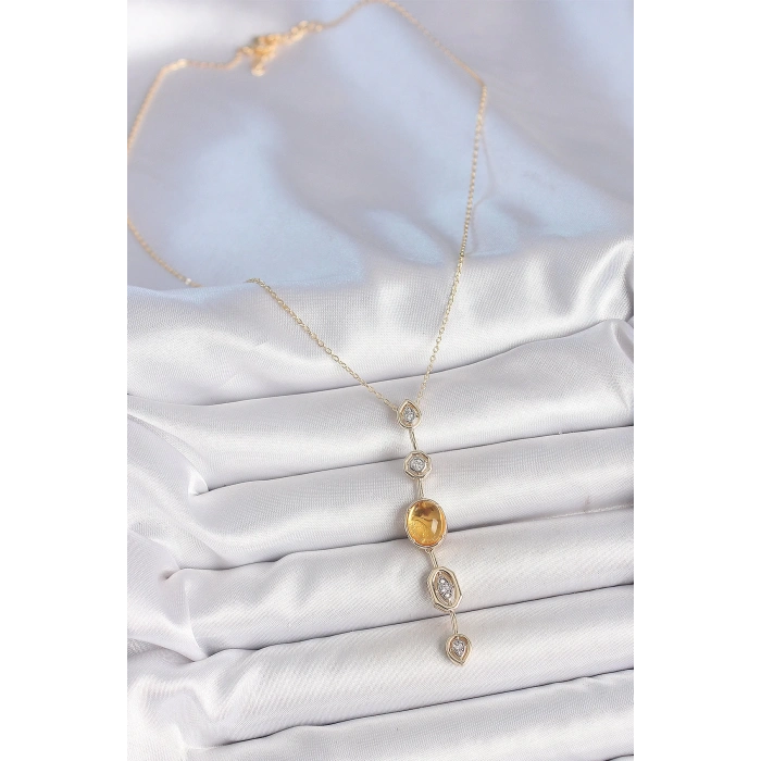 BFS Pirinç Zincir Kehribar Sarı Gold Renk  Zirkon Taşlı Y Kolye