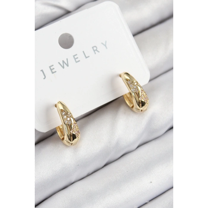 BFS Pirinç Zirkon Taş Desenli Model Gold Renk Kadın Küpe