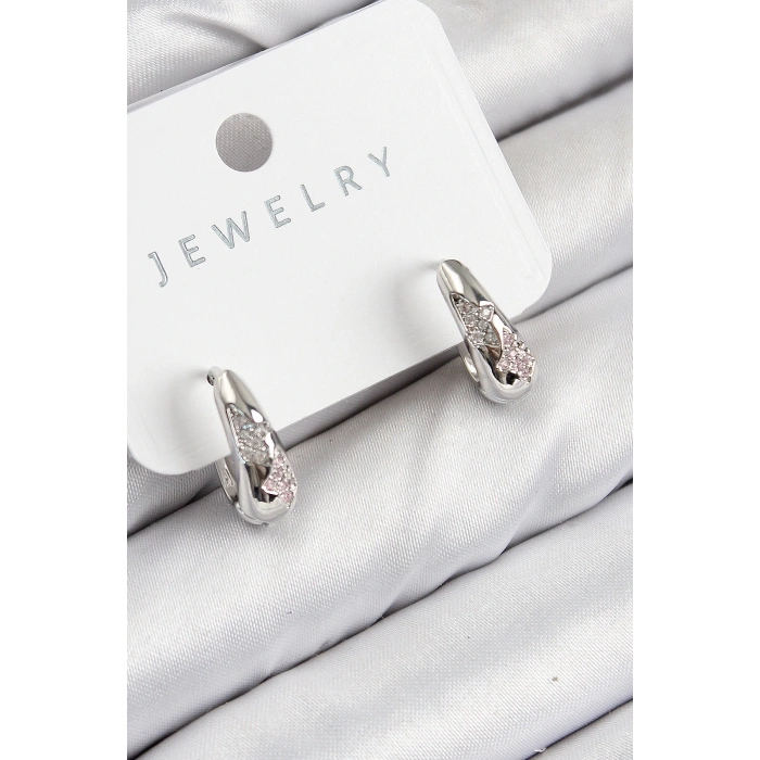 BFS Pirinç Zirkon Taş Desenli Model Gümüş Renk Kadın Küpe