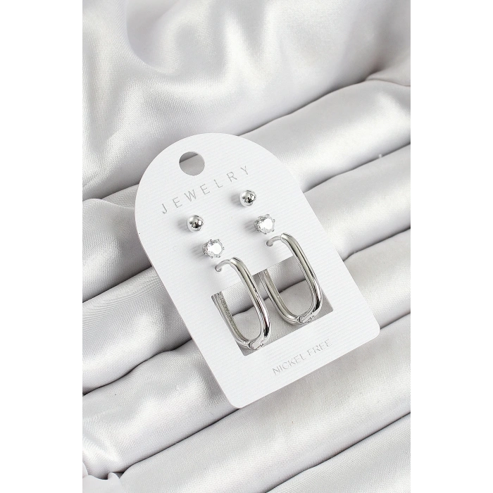 BFS Pirinç Zirkon Taş Ve Dikdörtgen Figürlü Gümüş Renk 3lü Çift Kadın Küpe Set