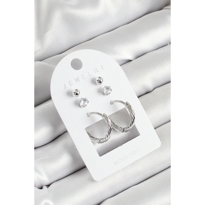 BFS Pirinç Zirkon Taş Ve Halka Figürlü Gümüş Renk 3lü Çift Kadın Küpe Set