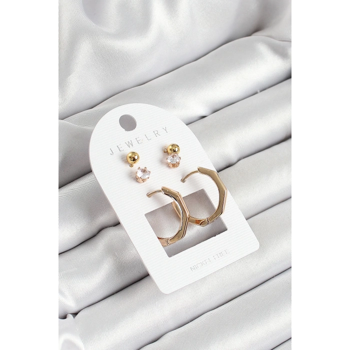 BFS Pirinç Zirkon Taş Ve Kemik Halka Figürlü Gold Renk 3lü Çift Kadın Küpe Set