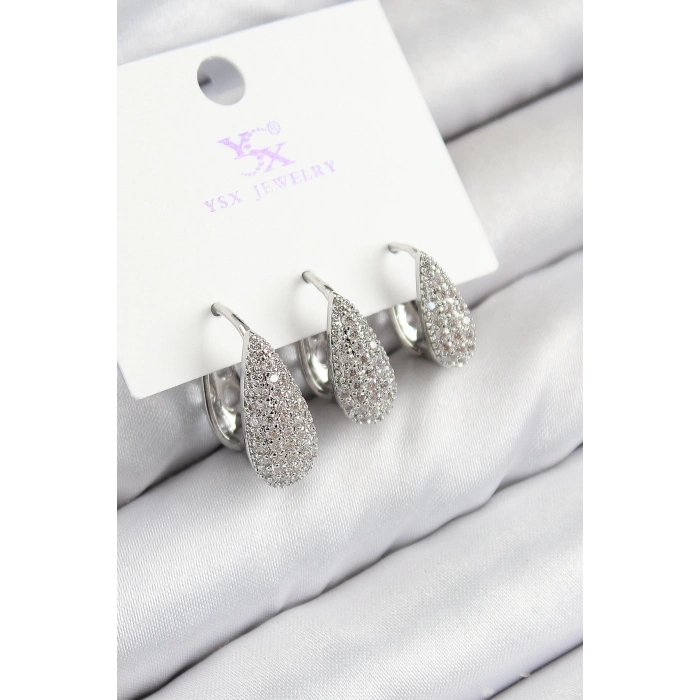 BFS Pirinç Zirkon Taşlı 3lü Damla Model Gümüş Renk Kadın Küpe