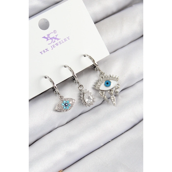 BFS Pirinç Zirkon Taşlı 3lü Fatmanın Gözü Model Gümüş Renk Kadın Küpe