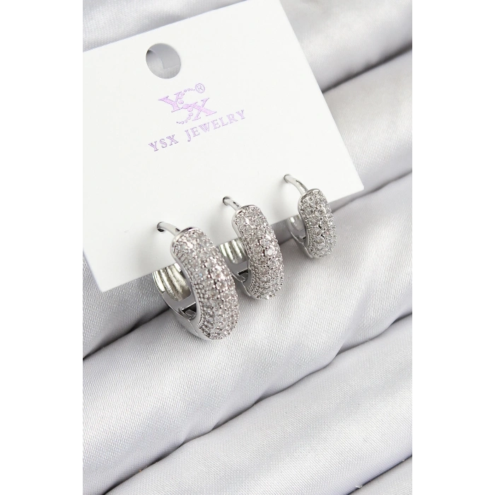 BFS Pirinç Zirkon Taşlı 3lü Halka Model Gümüş Renk Kadın Küpe