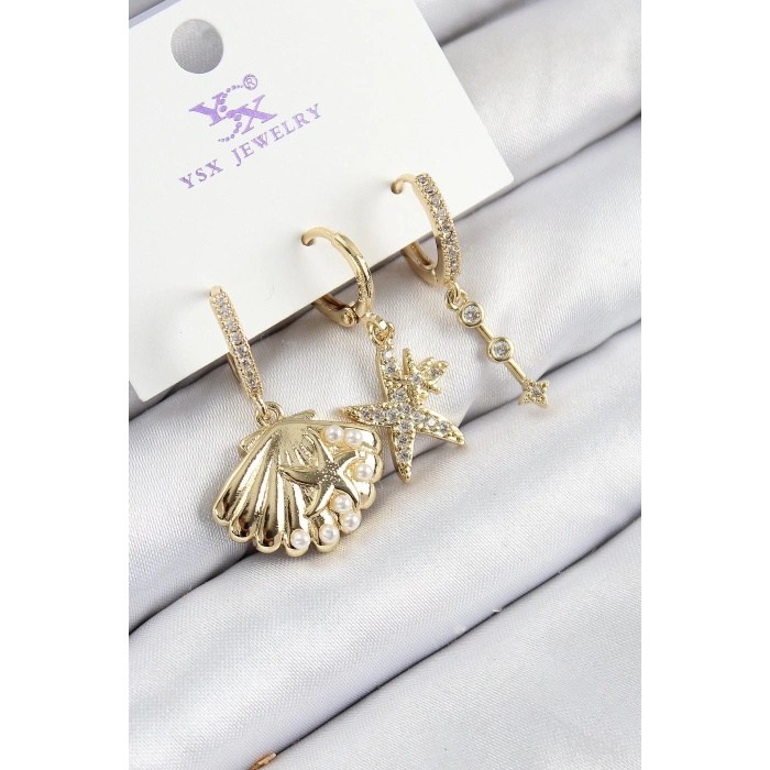 BFS Pirinç Zirkon Taşlı 3lü İstiridye Ve Yıldız Model Gold Renk Kadın Küpe