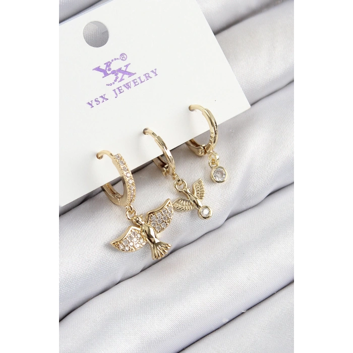 BFS Pirinç Zirkon Taşlı 3lü Kuş Model Gold Renk Kadın Küpe