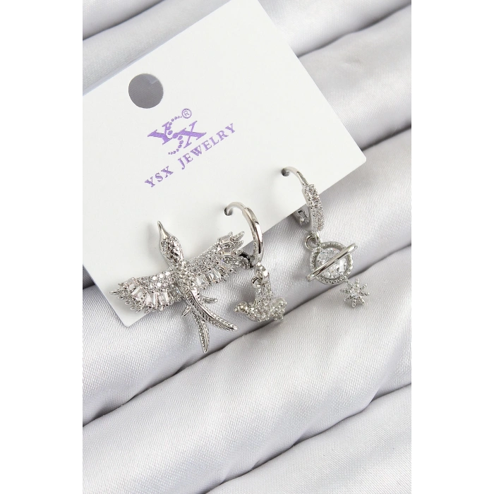 BFS Pirinç Zirkon Taşlı 3lü Kuş Model Gümüş Renk Kadın Küpe