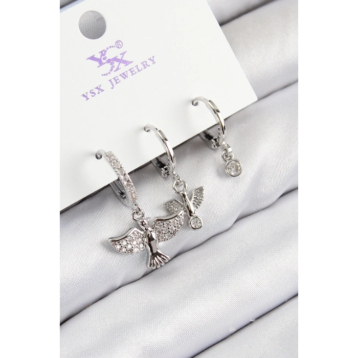 BFS Pirinç Zirkon Taşlı 3lü Kuş Model Gümüş Renk Kadın Küpe