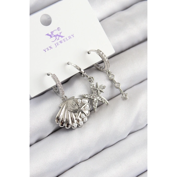 BFS Pirinç Zirkon Taşlı 3lü Yıldız Ve İstiridye Model Gümüş Renk Kadın Küpe