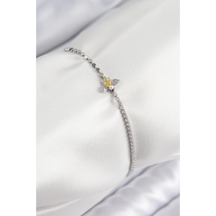 BFS Pirinç Zirkon Taşlı Arı Model Ezme Zincir Gümüş Renk Kadın Bileklik