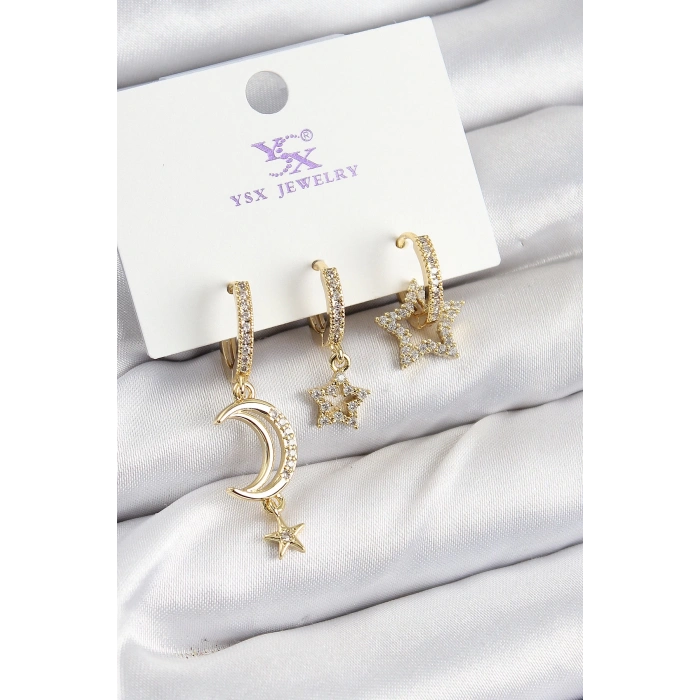 BFS Pirinç Zİrkon Taşlı Ay Ve Hilal Model Gold Renk 3lü Kadın Küpe