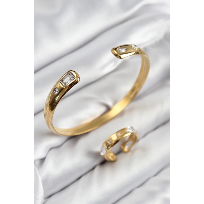 BFS Pirinç Zirkon Taşlı Ayrık Model Gold Renk Bileklik Yüzük Set