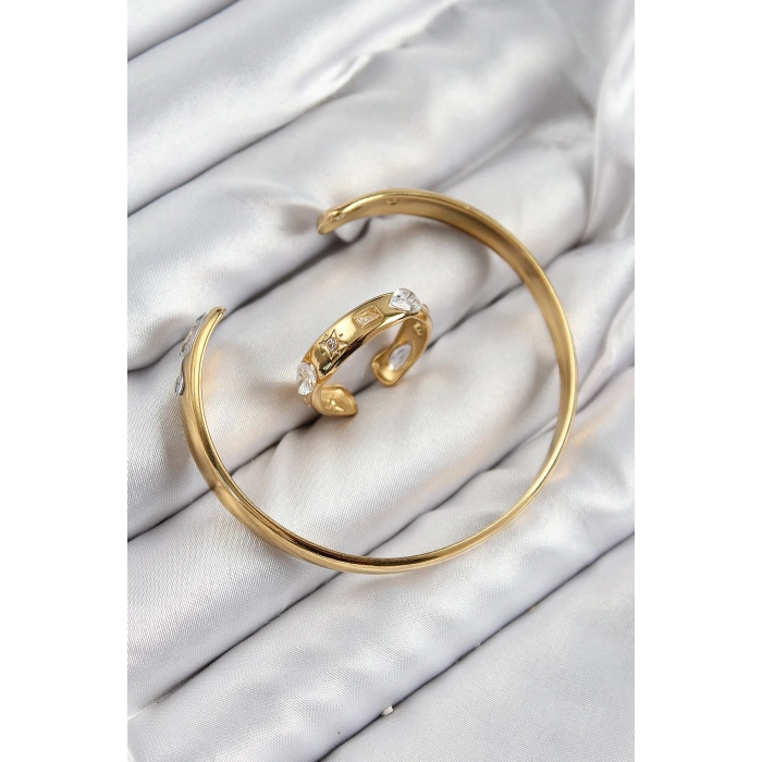 BFS Pirinç Zirkon Taşlı Ayrık Model Gold Renk Bileklik Yüzük Set