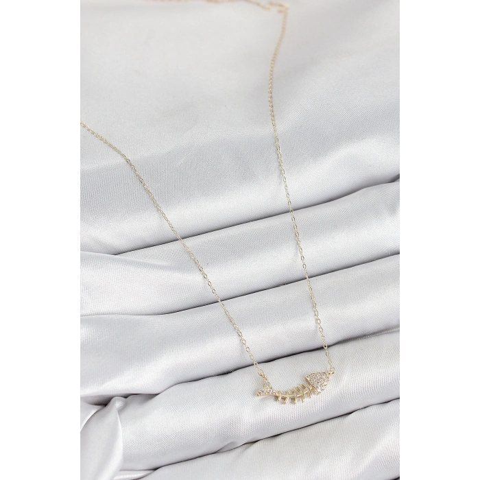 BFS Pirinç Zirkon Taşlı Balık Kılçığı Model Gold Renk Kadın Kolye