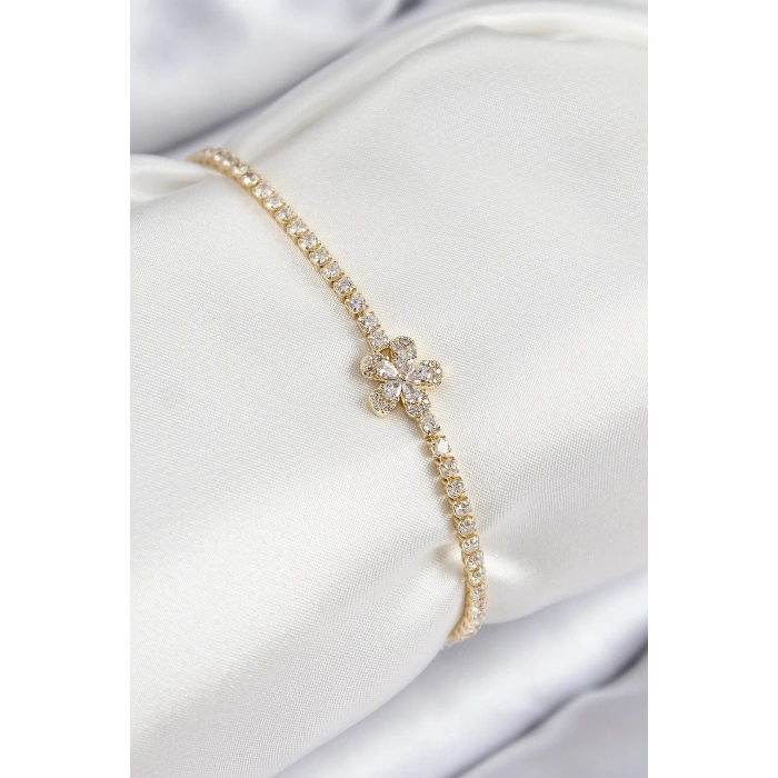 BFS Pirinç Zirkon Taşlı Çiçek Model Gold Renk Kadın Bileklik