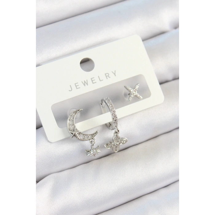 BFS Pirinç Zirkon Taşlı Çiçek Ve Ay Model Gümüş Renk 3lü Çift Kadın Küpe Set
