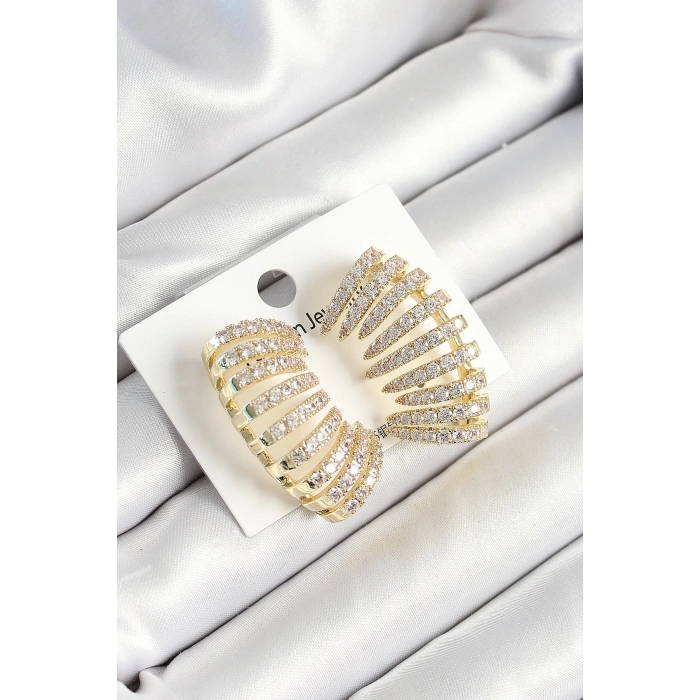 BFS Pirinç Zirkon Taşlı Çoklu Görünümlü Model Gold Renk Kadın Küpe