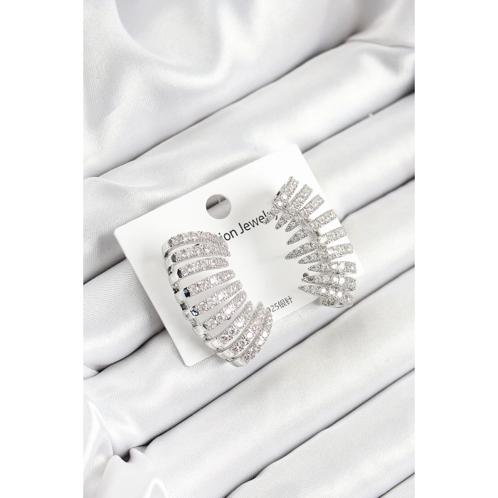 BFS Pirinç Zirkon Taşlı Çoklu Görünümlü Model Gümüş Renk Kadın Küpe