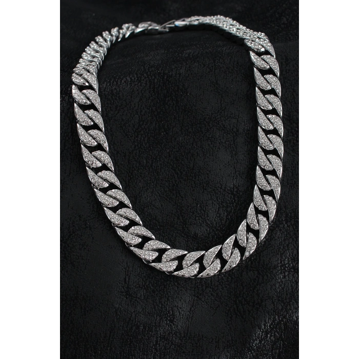 BFS Pirinç Zirkon Taşlı Cuba Gurmet Model Gümüş Renk Erkek Kolye