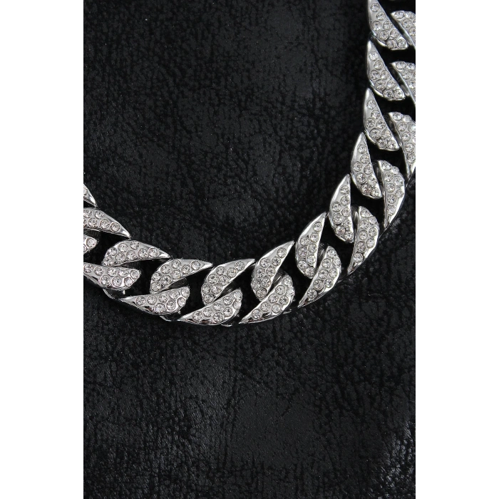 BFS Pirinç Zirkon Taşlı Cuba Gurmet Model Gümüş Renk Erkek Kolye