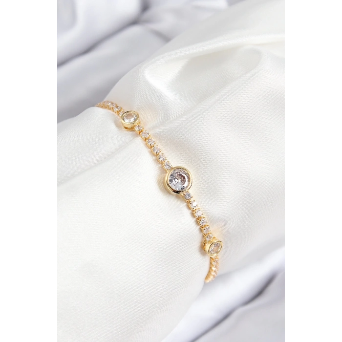 BFS Pirinç Zirkon Taşlı Daire Model Gold Renk Asansörlü Kadın Bileklik
