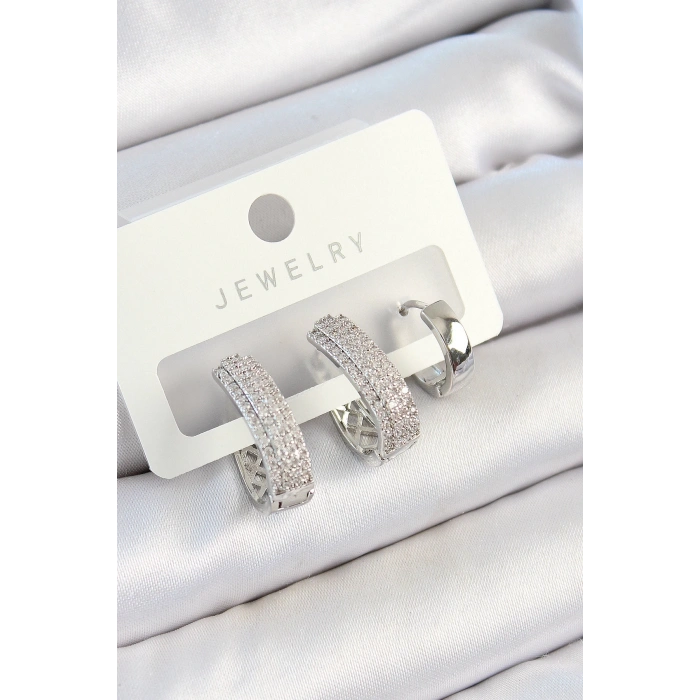 BFS Pirinç Zirkon Taşlı Damla Model Gümüş Renk 3lü Çift Kadın Küpe Set