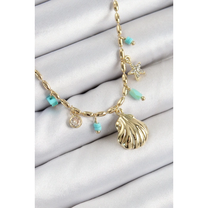 BFS Pirinç Zirkon Taşlı Deniz Kabuğu Model Gold Renk Kadın Kolye