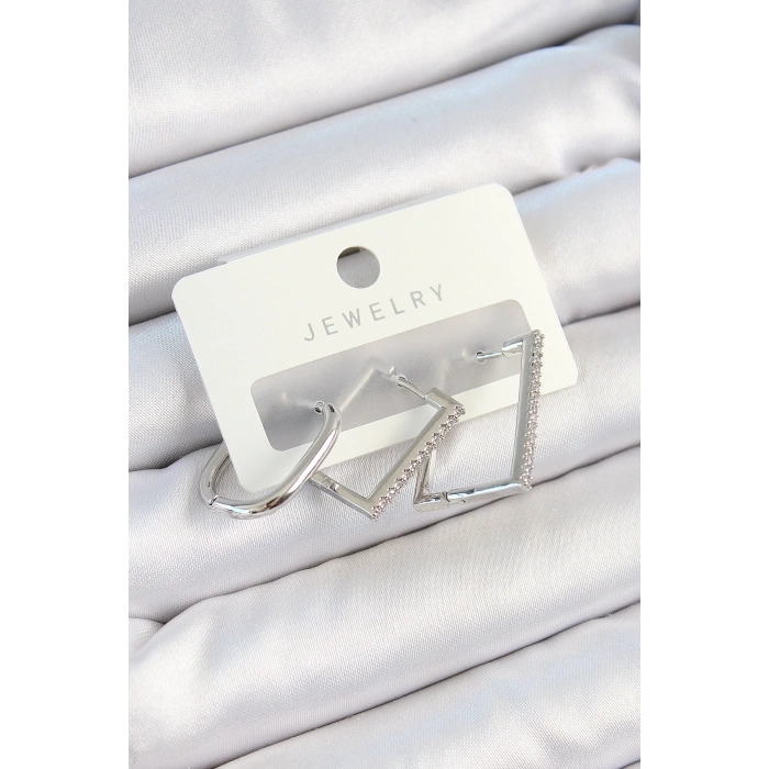 BFS Pirinç Zirkon Taşlı Dikdörtgen Model Gümüş Renk 3lü Çift Kadın Küpe Set