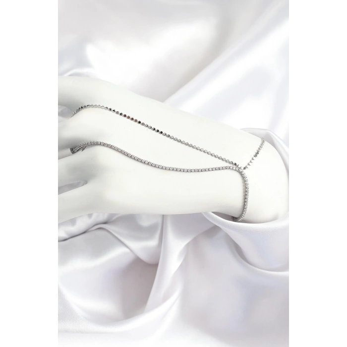 BFS Pirinç Zirkon Taşlı Ezme Zincir Model Gümüş Renk Kadın Şahmeran