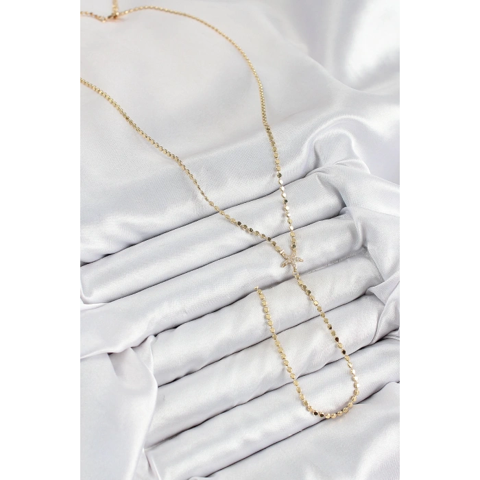 BFS Pirinç Zirkon Taşlı Ezme Zincirli Deniz Yıldızı Model Gold Renk Y Kolye