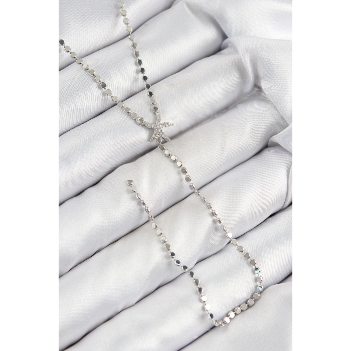 BFS Pirinç Zirkon Taşlı Ezme Zincirli Deniz Yıldızı Model Gümüş Renk Y Kolye